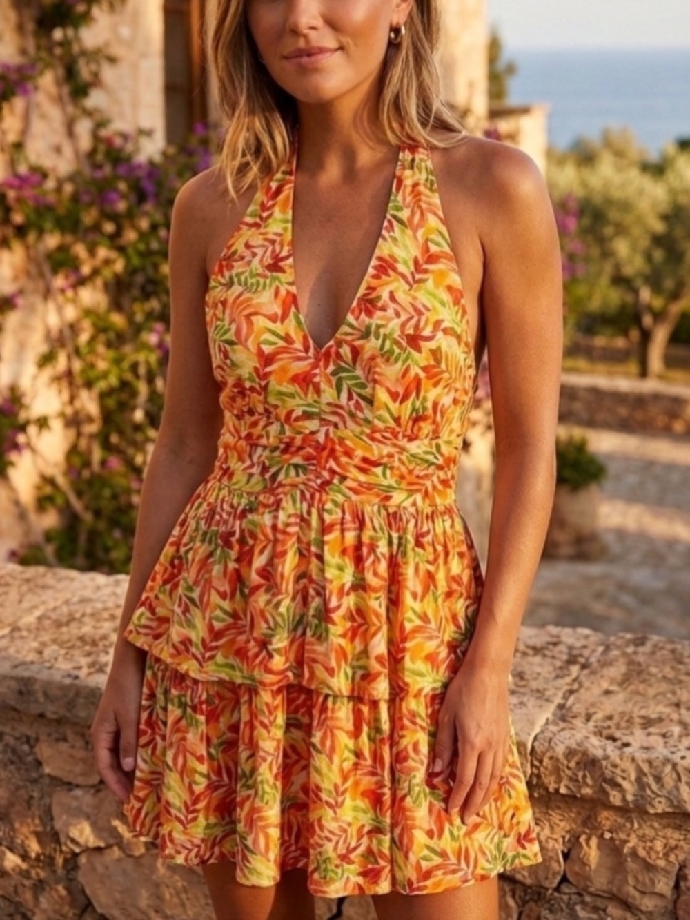 BCX Juniors Halter Style Tiered Mini Dress Floral Size XL Hawaiian Summer